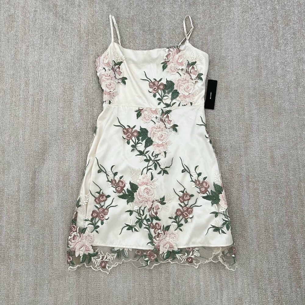 Lulu's Cream Mini Dress with Pink Floral Embroidery